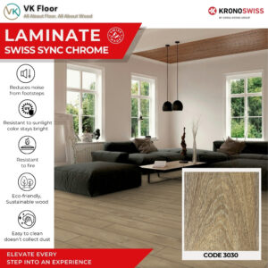 หน้าปก Kronoswiss Swiss Sync Chrome รหัส 3033 พื้นลามิเนตนำเข้าจากสวิตเซอร์แลนด์ ลายไม้เสมือนจริง ทนรอยขีดข่วน กันชื้น ติดตั้งง่าย ระบบคลิ๊กล็อค แข็งแรง ทนทาน เหมาะกับทุกพื้นที่ใช้งาน