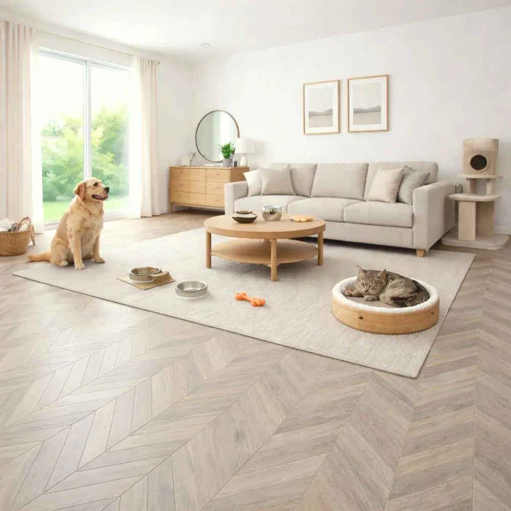 allure-9105-chevron-vinyl-flooring-interior-example ตัวอย่างการใช้งานพื้นไวนิล ALLURE ลายเชฟรอน รหัส 9105 ในห้องตกแต่งภายใน แสดงการปูพื้นรูปตัว V ต่อเนื่อง