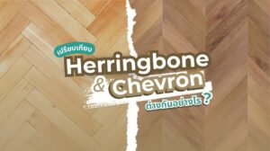 ภาพเปรียบเทียบลายพื้นไม้ Herringbone และ Chevron แสดงความแตกต่างของรูปแบบการจัดเรียงไม้และดีไซน์ที่เป็นเอกลักษณ์ ภาพนี้ใช้เป็นหน้าปกสำหรับหัวข้อ "Herringbone vs Chevron