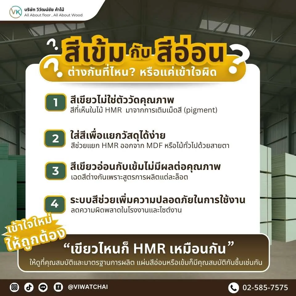 ไม้ HMR สีเขียวเข้มและสีเขียวอ่อน วางเปรียบเทียบเพื่อแสดงความแตกต่างของเฉดสี