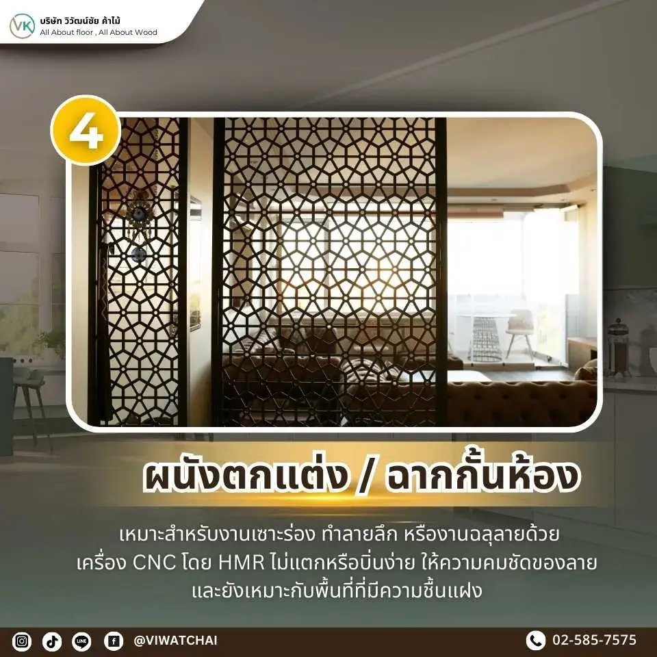 ผนังตกแต่งภายในที่ใช้วัสดุไม้ HMR พร้อมอธิบายเกรดของไม้ HMR ที่เหมาะกับงานแต่ละประเภท