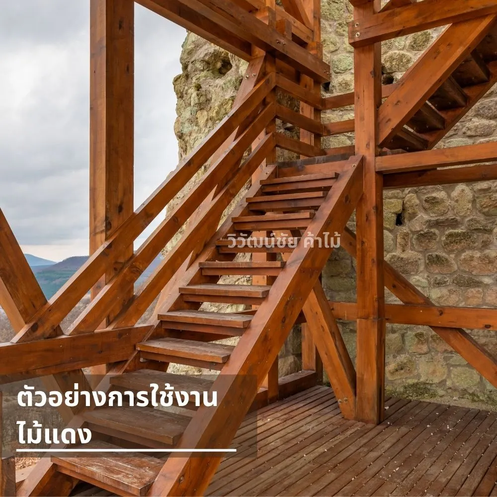 โครงสร้างบันไดไม้แดงภายนอก ทนแดดฝน แข็งแรง ใช้ร่วมกับโครงสร้างหินธรรมชาติ