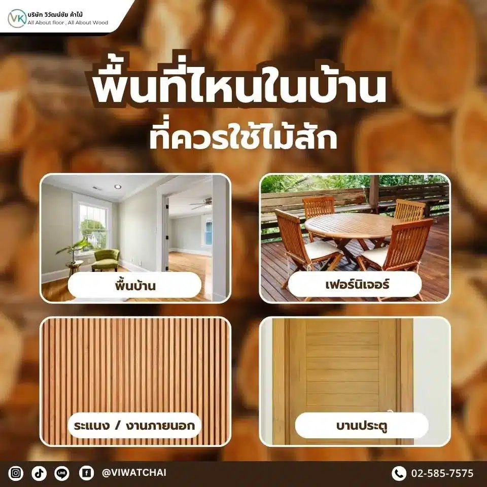 พื้นที่ไหนในบ้านที่เหมาะกับการใช้ไม้สักเพื่อป้องกันปลวกได้ดีที่สุด เช่น พื้น ประตู และเฟอร์นิเจอร์ที่ต้องการความทนทานสูง