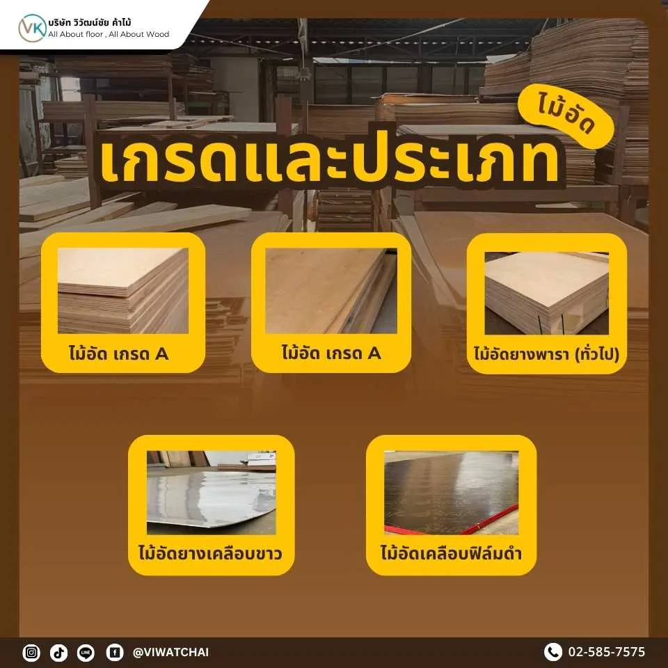 ภาพแสดงเกรดและประเภทของไม้อัด เช่น ไม้อัดยาง ไม้อัดวีเนียร์ ไม้อัดฟิล์มดำ พร้อมการใช้งานที่เหมาะสม