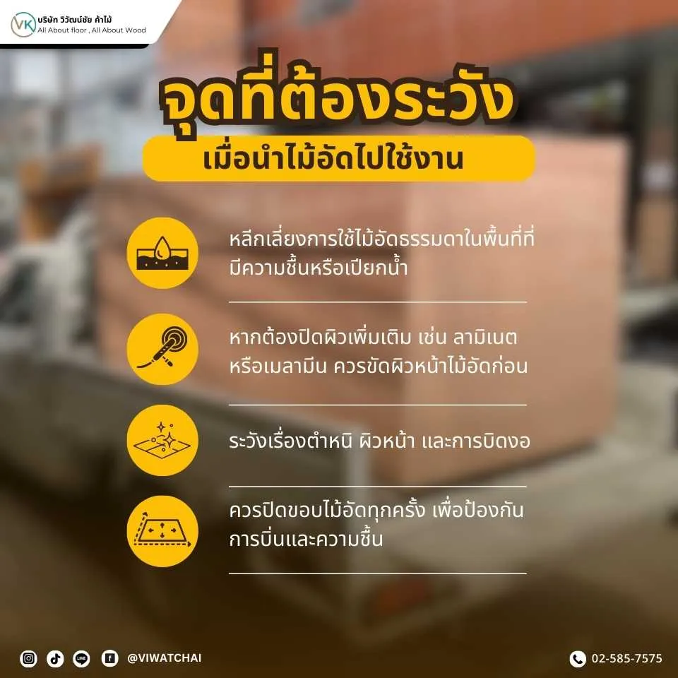 จุดที่ต้องระวังเมื่อนำไม้อัดไปใช้งาน เช่น ความชื้น ปลวก และการรับน้ำหนัก