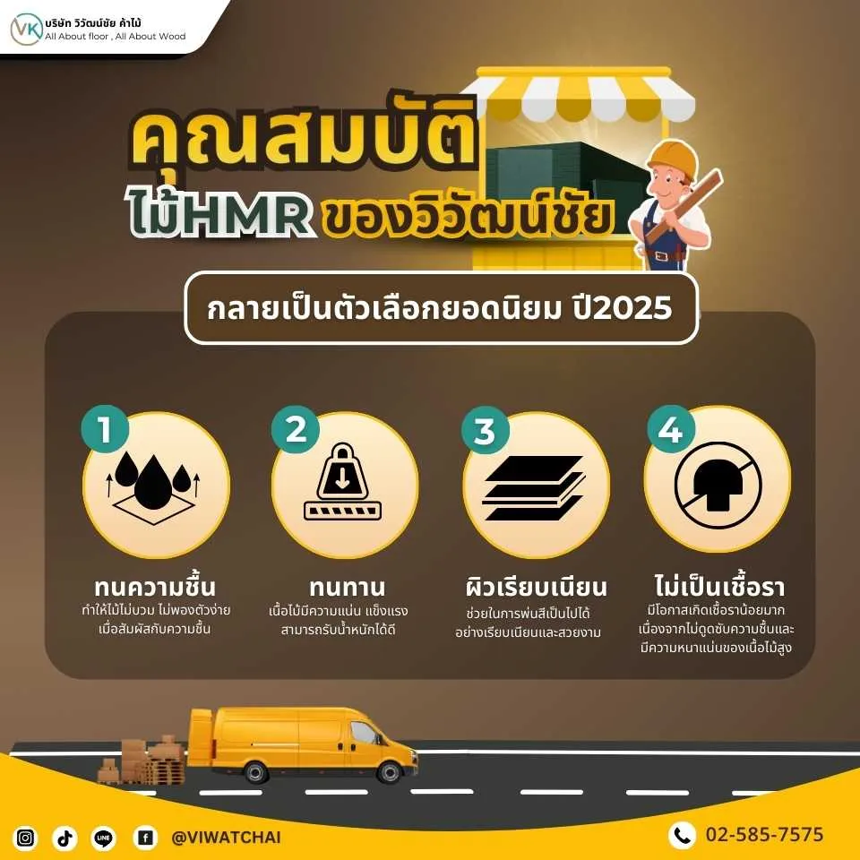 ภาพแสดงคุณสมบัติของไม้ HMR จากแบรนด์วิวัฒน์ชัย