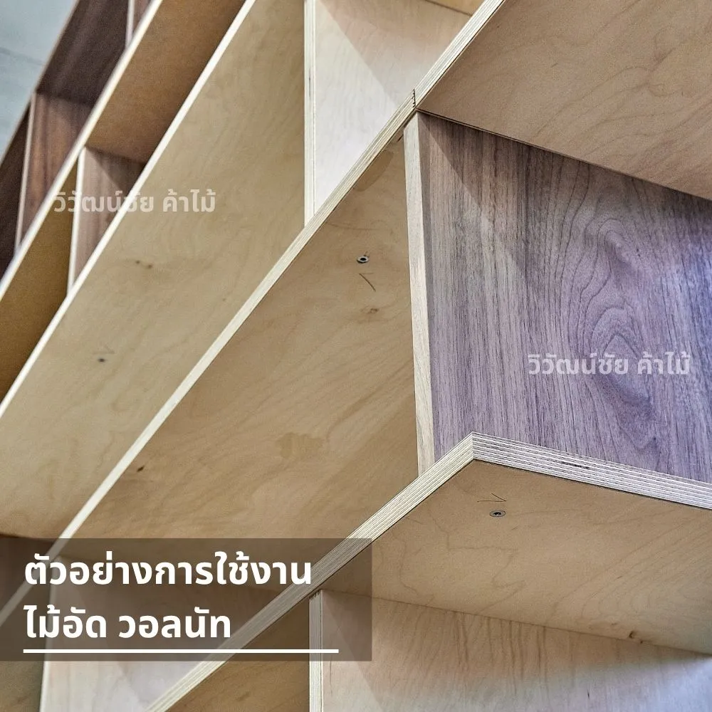 ชั้นไม้บิวต์อินใช้ไม้อัดวอลนัทปิดผิวบางส่วน