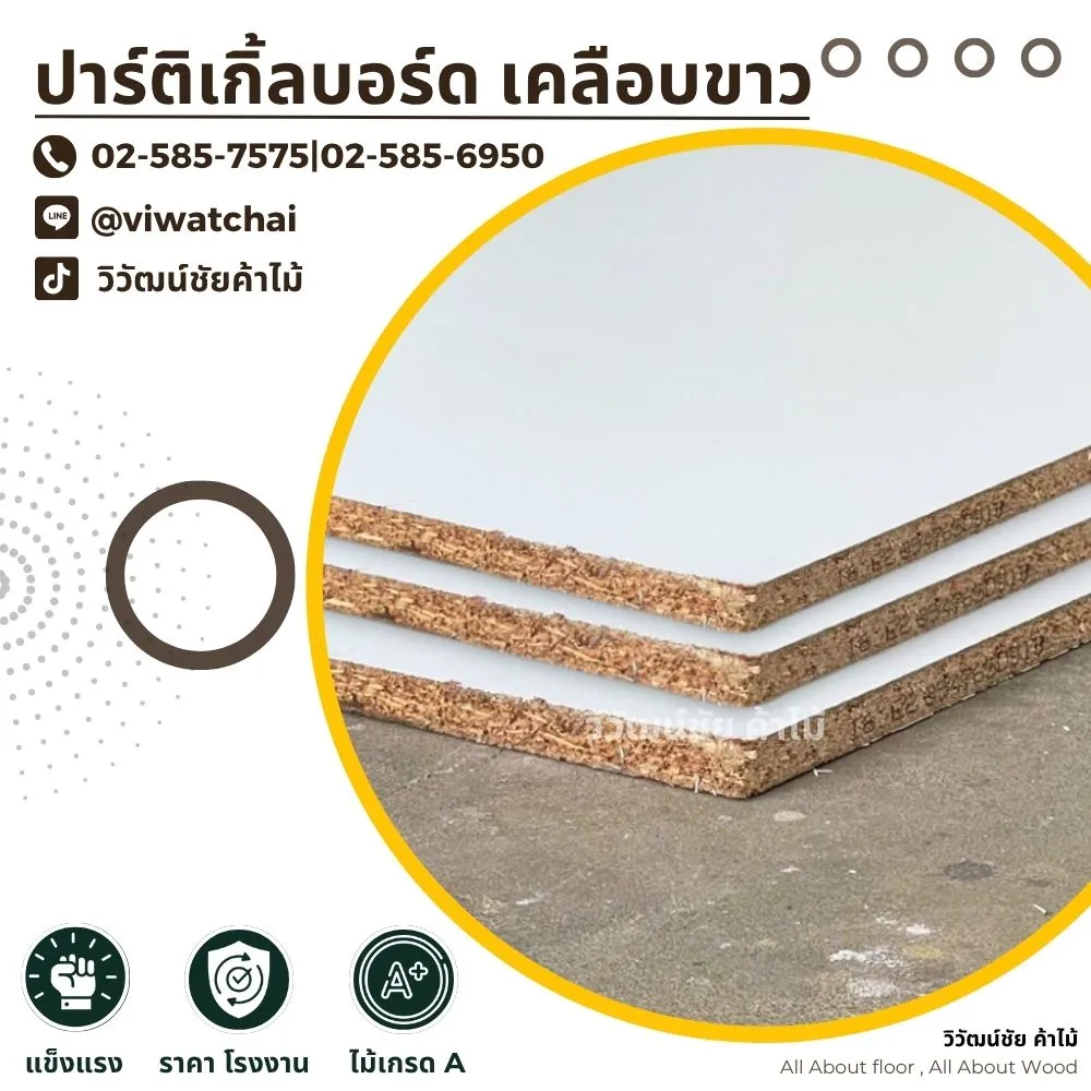 แผ่นพาร์ติเคิลบอร์ดเคลือบขาว แสดงโครงสร้างชั้นไม้พร้อมข้อมูลติดต่อร้าน
