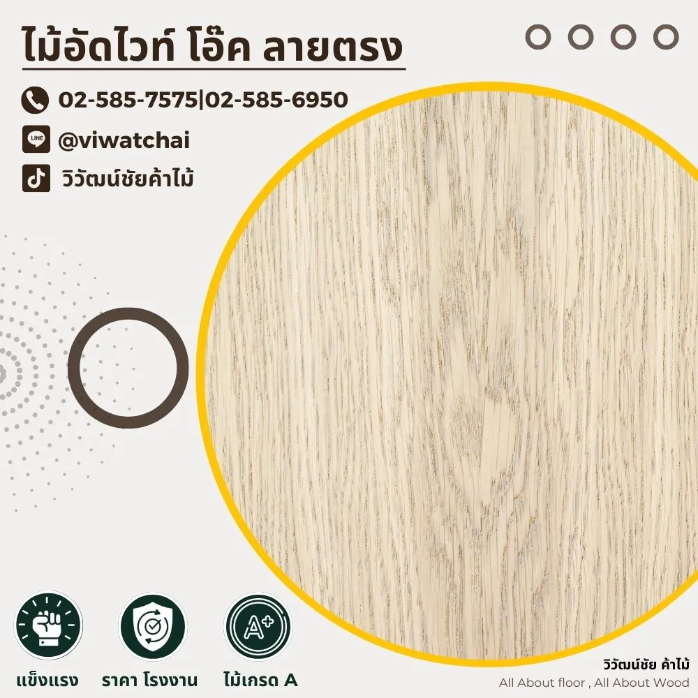 ไม้อัดไวท์โอ๊คลายตรง ลวดลายเส้นชัดเจน สีขาวอมเหลือง
