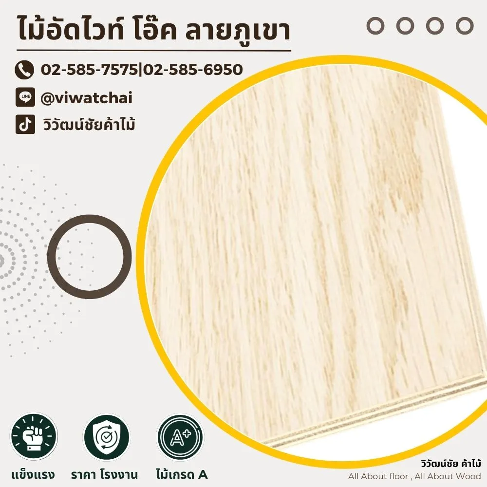 แผ่นไม้อัดไวท์โอ๊คลายภูเขา สีขาวนวล ลายโค้งธรรมชาติ