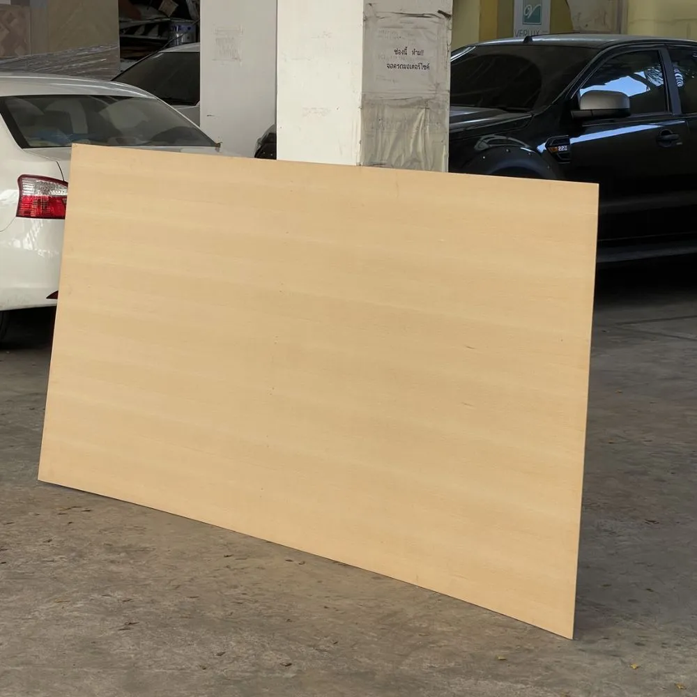 beech-straight-grain-veneer-plywood-real-product-photo-01 ภาพถ่ายสินค้าจริงไม้อัดบีช ลายตรง แสดงพื้นผิวและเสี้ยนไม้บีชที่เรียงตัวเป็นแนวยาวบนแผ่นไม้อัด