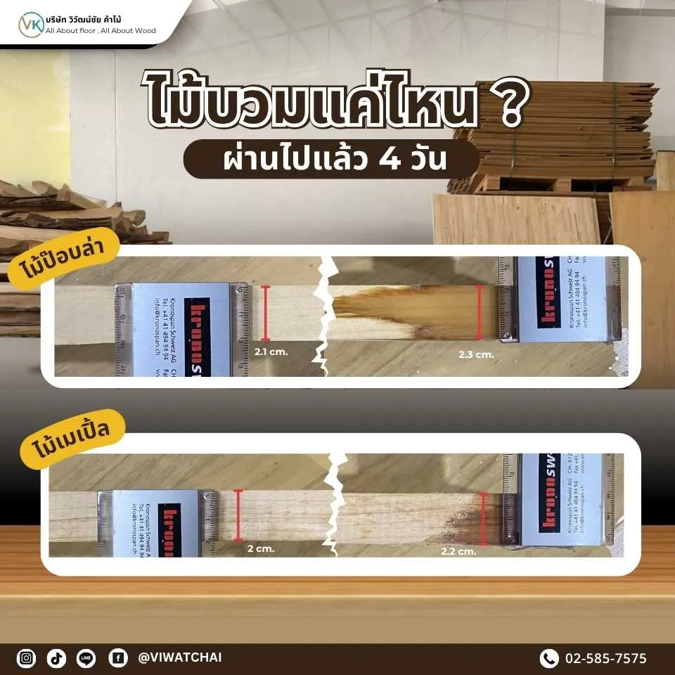 ไม้แปรรูปบวมหลังใช้งานผ่านไป 4 วัน แสดงให้เห็นการเปลี่ยนแปลงของผิวไม้