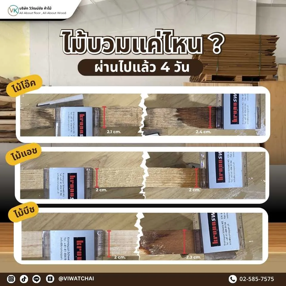 ไม้แปรรูปบวมหลังจากผ่านไปแล้ว 4 วัน แสดงการเปลี่ยนแปลงเมื่อโดนน้ำหรือความชื้น