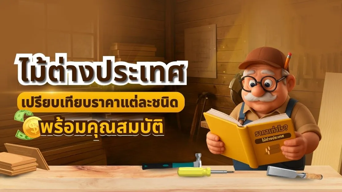 ภาพหน้าปกเปรียบเทียบไม้แปรรูปต่างประเทศชนิดต่าง ๆ พร้อมราคาประมาณและการใช้งาน เช่น ไม้โอ๊ค ไม้เมเปิ้ล ไม้เชอร์รี่