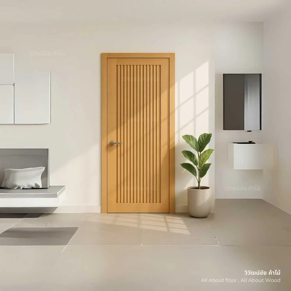 ตัวอย่างการใช้งานประตูไม้โมเดิร์น เซาะร่องแนวตั้ง ภายในบ้าน