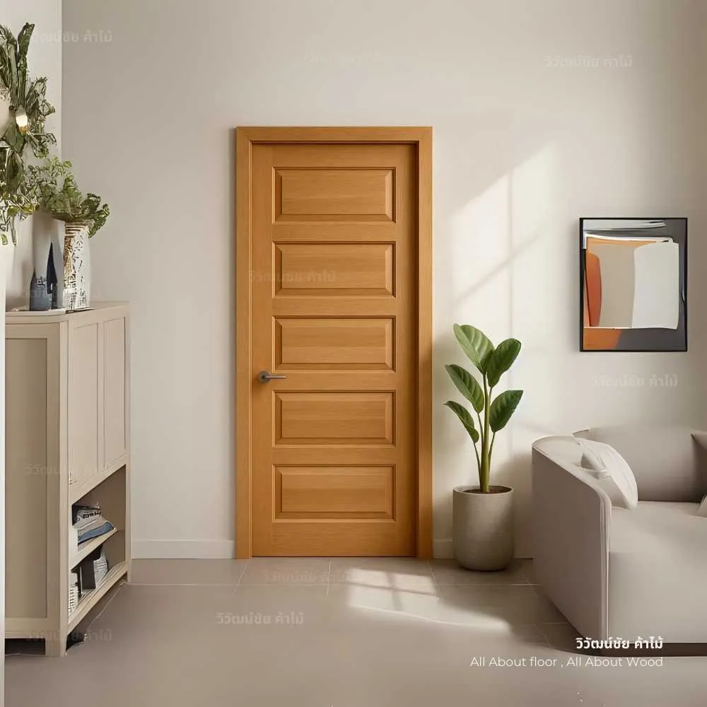 ตัวอย่างการใช้งานประตูไม้เนื้อแข็ง 5 ลูกฟักแนวนอน ภายในบ้าน