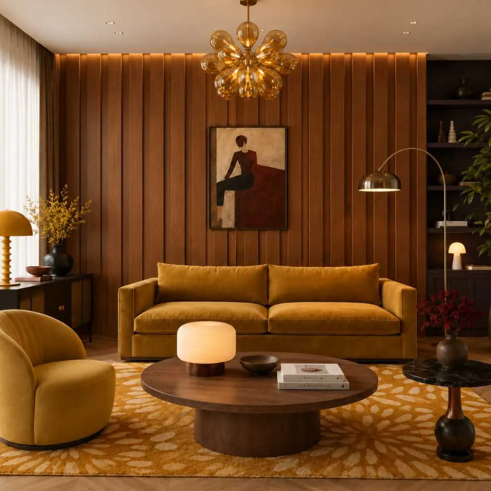 wpc-w-008-walnut-brown-interior-application ตัวอย่างการใช้งานไม้ระแนง WPC รุ่น W-008 สี Walnut Brown ตกแต่งผนังภายใน