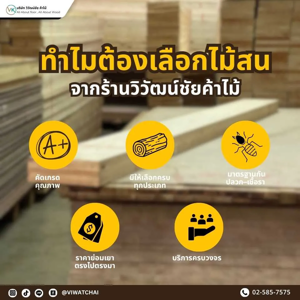 ภาพอธิบายเหตุผลว่าทำไมควรเลือกไม้สนจากร้านวิวัฒน์ชัยค้าไม้ ทั้งเรื่องคุณภาพ คัดเกรดจริง ราคาเป็นธรรม และบริการให้คำปรึกษาโดยผู้เชี่ยวชาญ