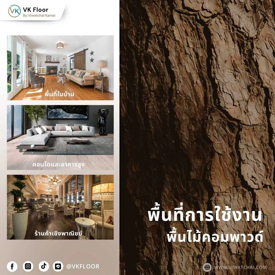 พื้นที่การใช้งานของพื้นไม้คอมพาวด์ Compound Wood สำหรับห้องนั่งเล่น ห้องนอน และคอนโด
