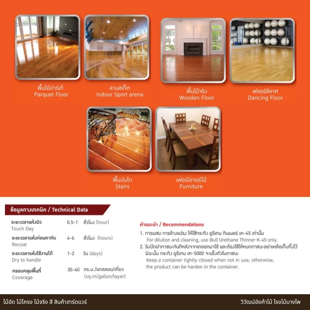 ตัวอย่างพื้นที่ใช้งานสี Bull Urethane K-5000 เช่น พื้นไม้ เฟอร์นิเจอร์ และบันไดไม้