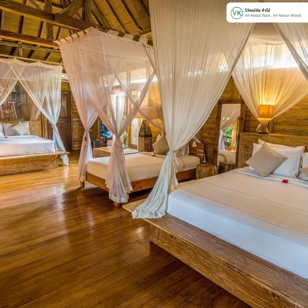 Resort Wood Floor_result ห้องพักรีสอร์ทไม้เคลือบพื้นด้วย Beger DeckStain Matt เงางามแบบด้าน