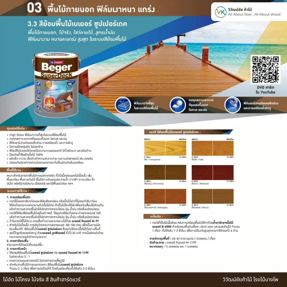 แผ่นพื้นไม้ภายนอกเคลือบด้วย Beger SuperDeck แสดงเฉดสีและคุณสมบัติ