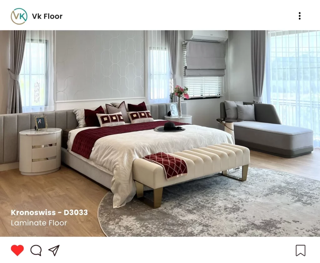 พื้นลามิเนต Kronoswiss ภาพตัวอย่างห้องนอนตกแต่งสไตล์โมเดิร์น ใช้งานได้ทุกพื้นที่ของบ้าน