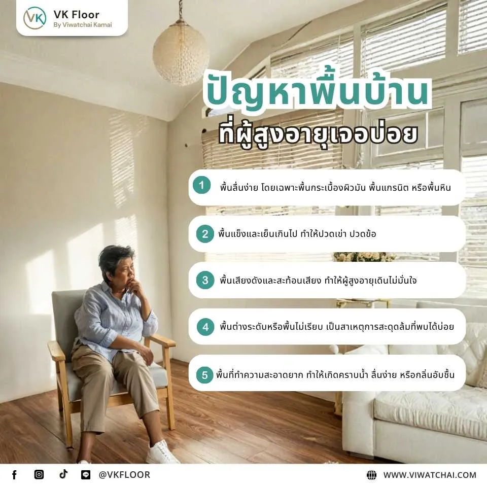 ปัญหาพื้นบ้านที่ผู้สูงอายุมักเจอ เช่น พื้นลื่น พื้นต่างระดับ และพื้นเสื่อมสภาพ