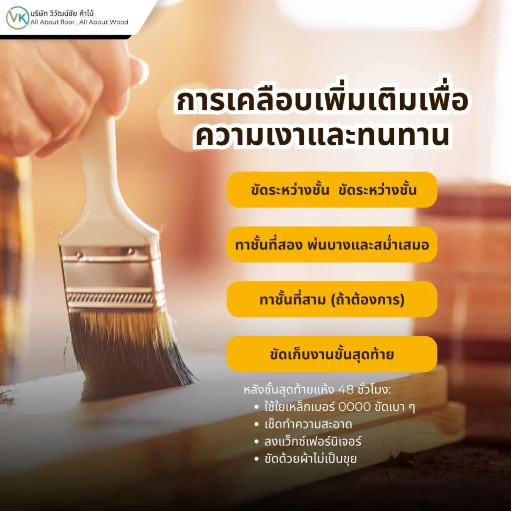 ภาพการเคลือบเพิ่มเติมเพื่อความเงาและทนทานบนพื้นผิวไม้ หลังจากทาแลคเกอร์หรือยูรีเทนแล้ว