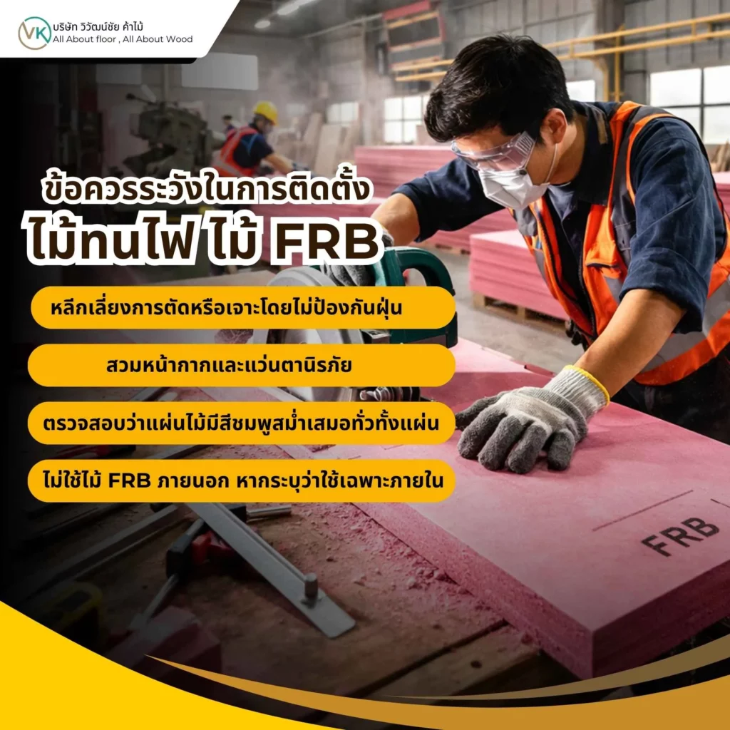 ภาพการติดตั้งไม้ทนไฟ FRB ในงานผนังภายใน แสดงข้อควรระวังในการติดตั้งไม้ทนไฟ ไม้ FRB อย่างถูกต้อง