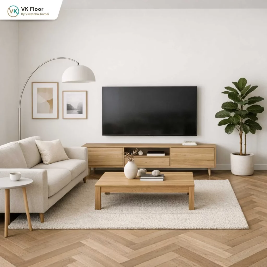 รูปภาพแมทลายก้างปลา กับสี PANTONE 11-4201 Cloud Dancer ห้องนั่งเล่น