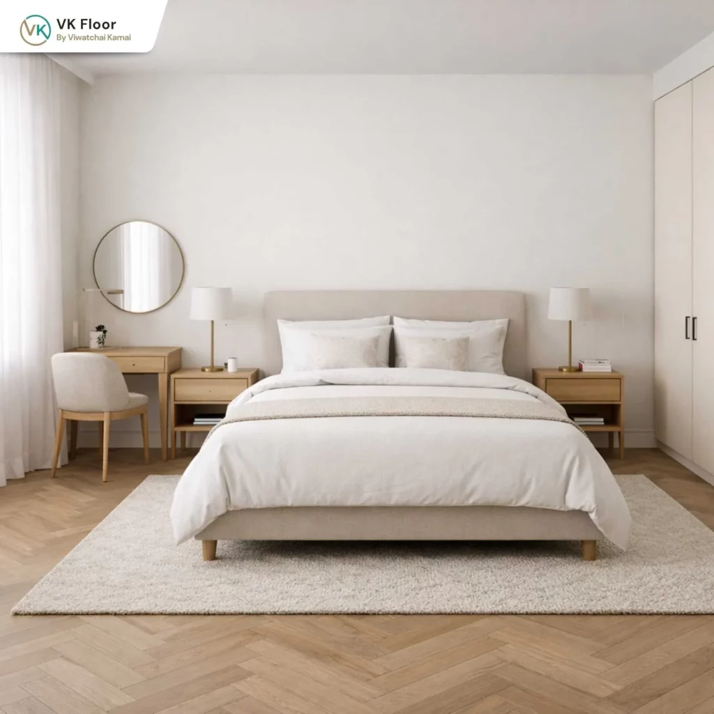 รูปภาพแมทลายก้างปลา กับสี PANTONE 11-4201 Cloud Dancer ห้องนอน