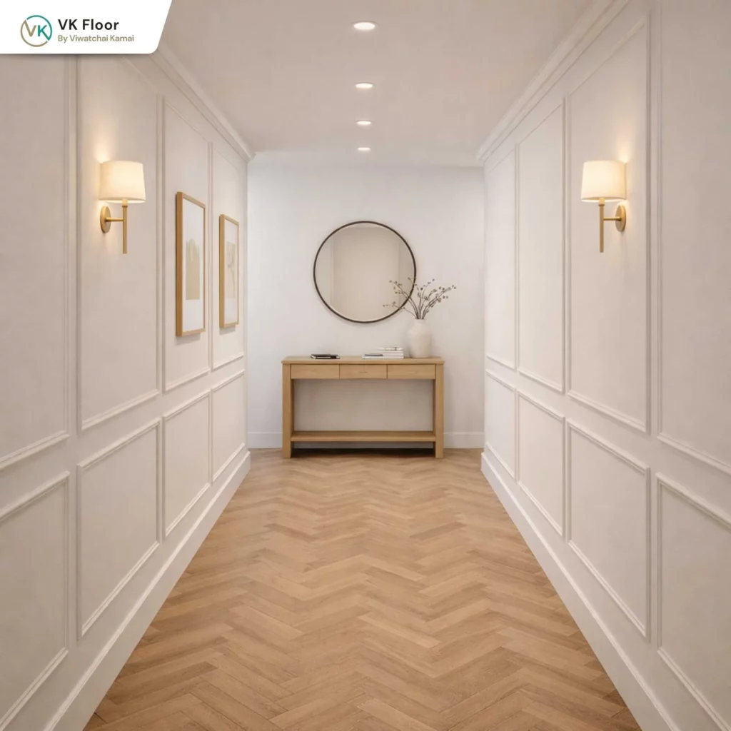 รูปภาพแมทลายก้างปลา กับสี PANTONE 11-4201 Cloud Dancer โถงทางเดิน