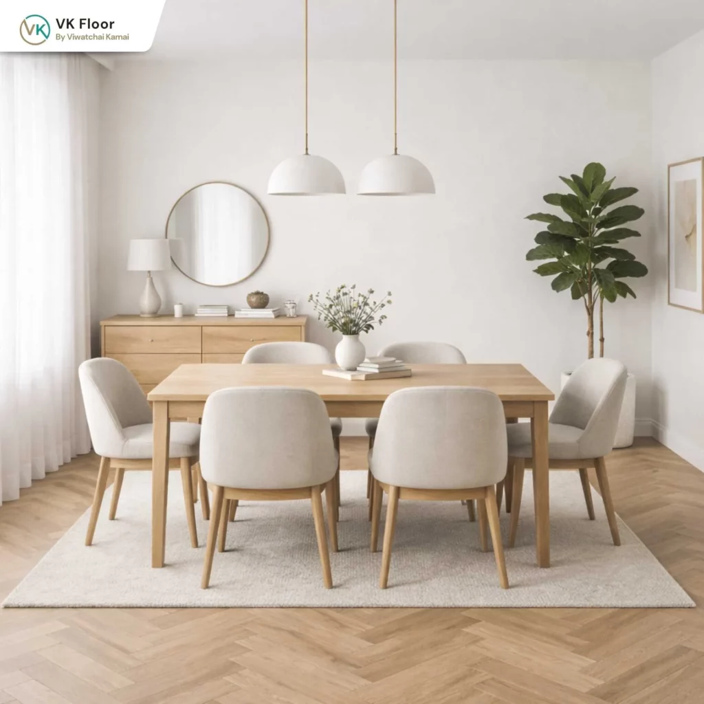 รูปภาพแมทลายก้างปลา กับสี PANTONE 11-4201 Cloud Dancer ห้องทานข้าว