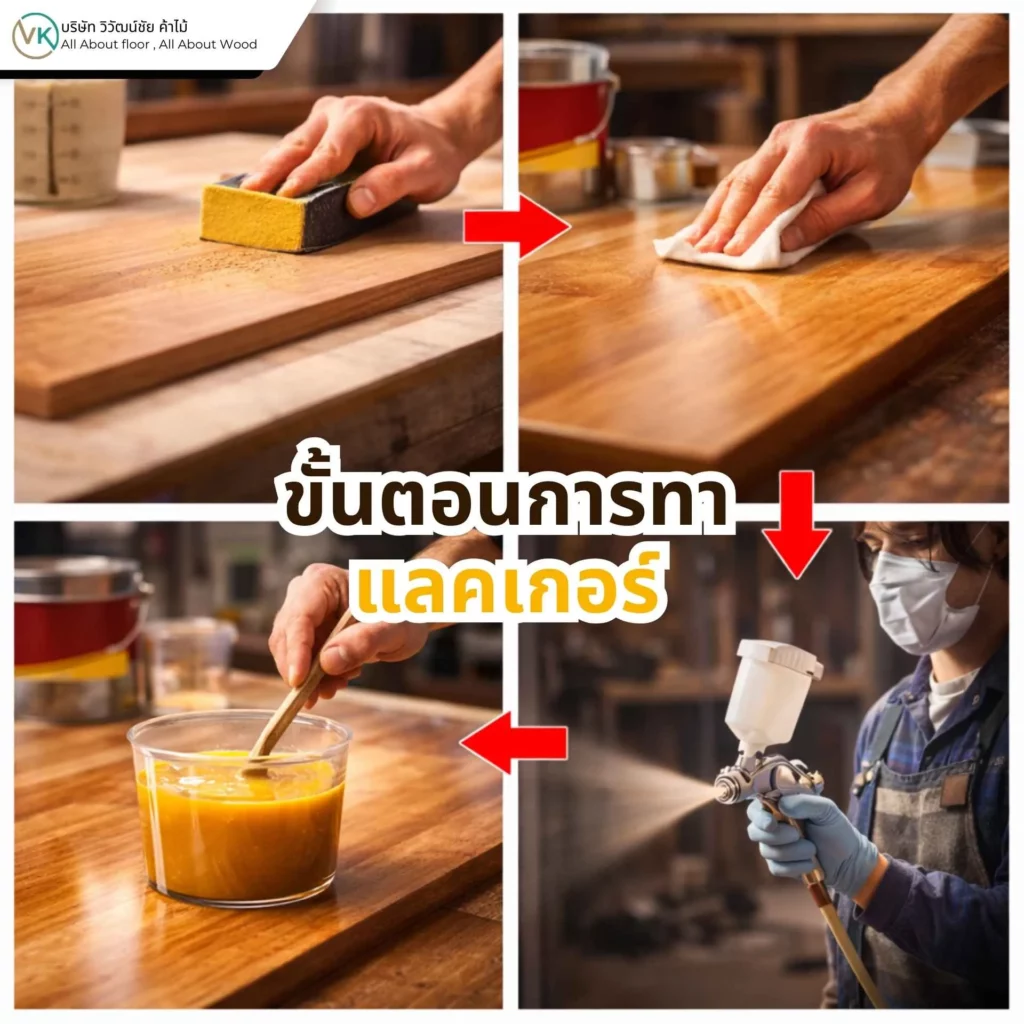 ภาพแสดงขั้นตอนการทาแลคเกอร์บนพื้นผิวไม้ ตั้งแต่การเตรียมผิวจนถึงการเคลือบชั้นสุดท้าย