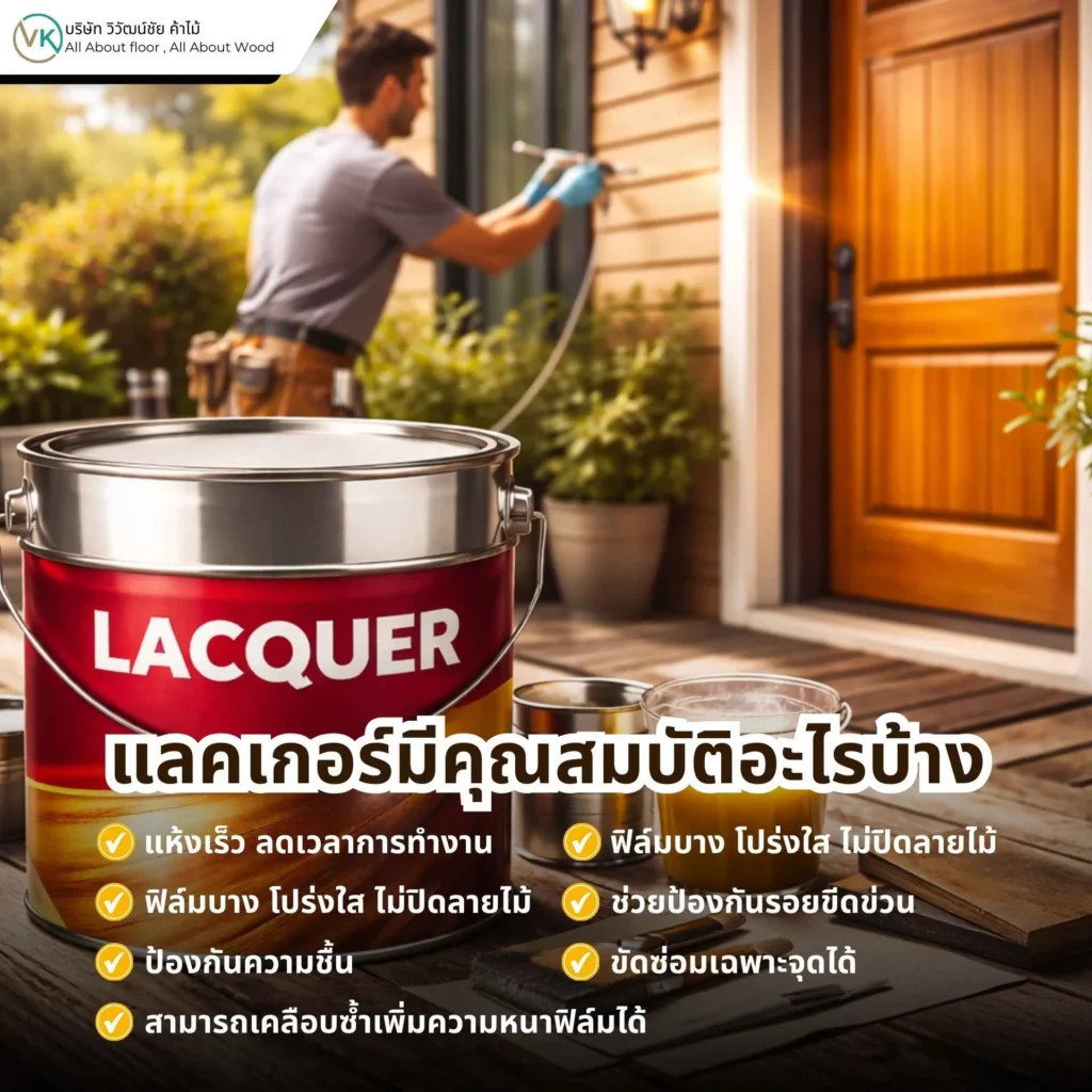 ภาพพื้นผิวไม้ที่เคลือบแลคเกอร์ แสดงความเงางามและฟิล์มปกป้องตามหัวข้อ แลคเกอร์มีคุณสมบัติอะไรบ้าง