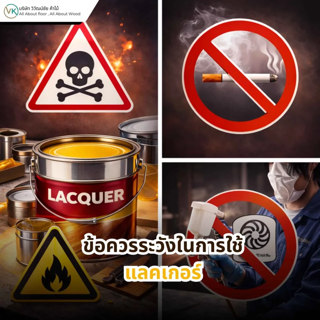 ภาพแสดงการใช้งานแลคเกอร์อย่างปลอดภัย พร้อมอุปกรณ์ป้องกัน เช่น หน้ากาก ถุงมือ และพื้นที่ระบายอากาศดี ตามข้อควรระวังในการใช้แลคเกอร์