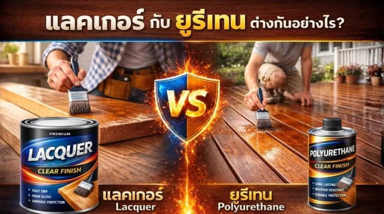 ภาพเปรียบเทียบพื้นผิวไม้เคลือบแลคเกอร์และยูรีเทน แสดงความแตกต่างด้านความเงา ความหนาฟิล์ม และความทนทาน ตามหัวข้อ แลคเกอร์ กับ ยูรีเทน ต่างกันอย่างไร เลือกแบบไหนดีให้เหมาะกับงานไม้ของคุณ