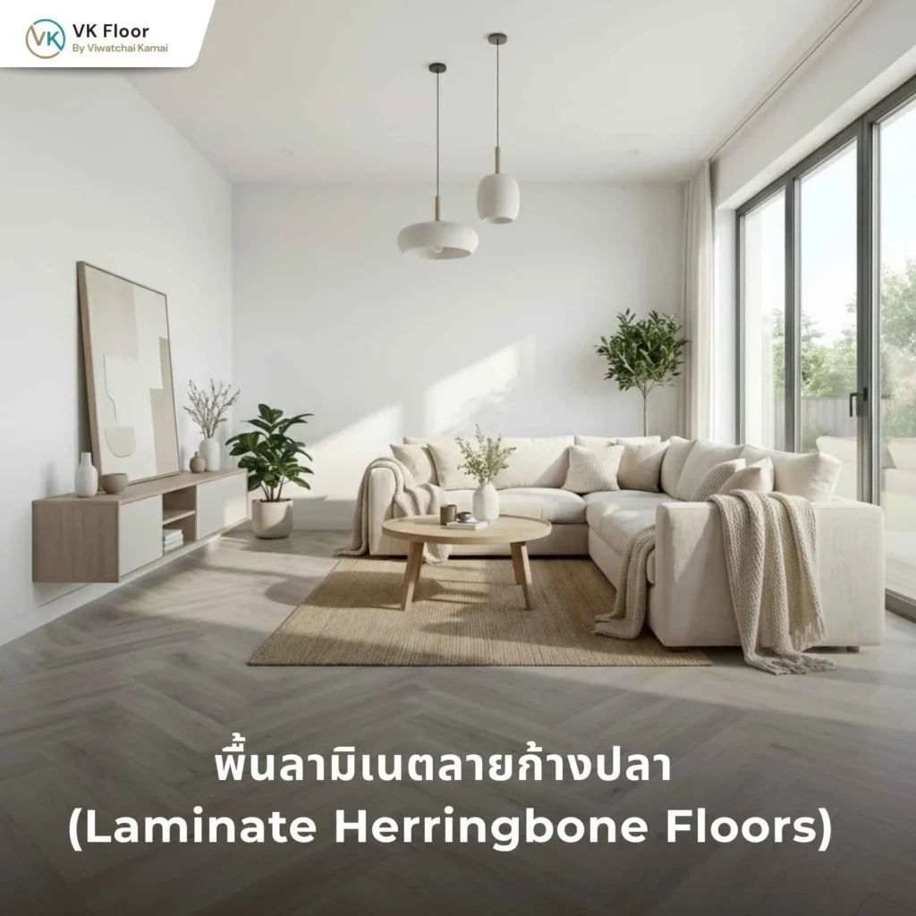 รูปภาพพื้นลามิเนตลายก้างปลา (Laminate Herringbone Floors)