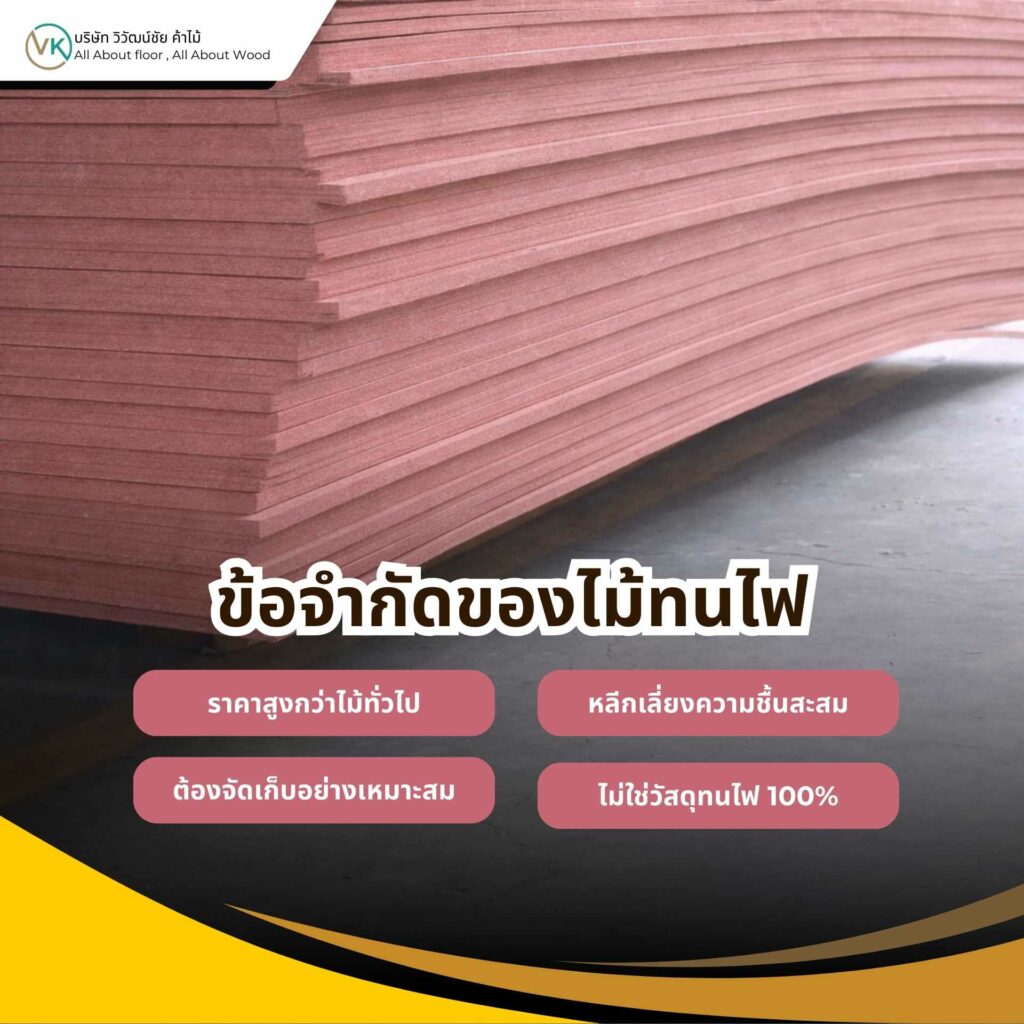ภาพตัวอย่างไม้ทนไฟในงานก่อสร้าง แสดงข้อมูลเกี่ยวกับข้อจำกัดของไม้ทนไฟในการใช้งานจริง