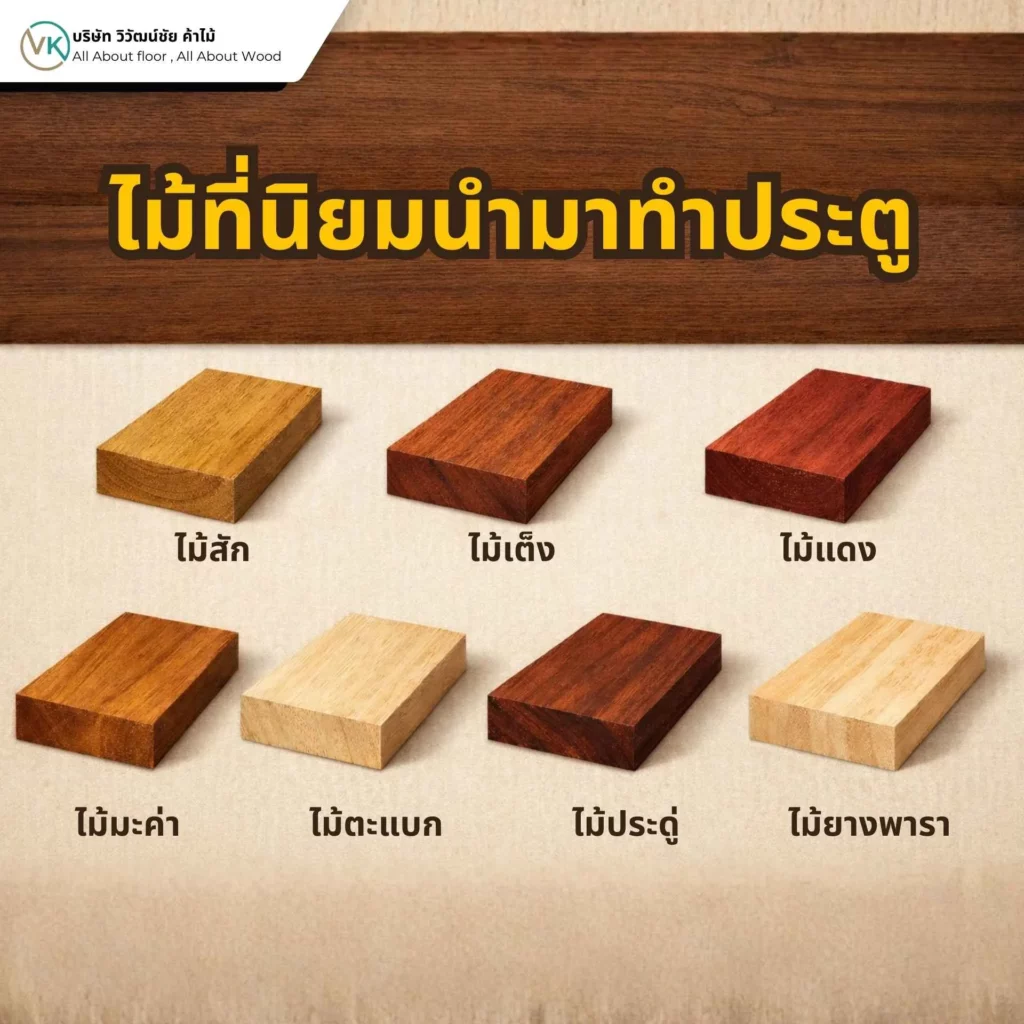 ไม้ที่นิยมนำมาทำประตู เช่น ไม้สัก ไม้เต็ง ไม้แดง ไม้มะค่า และไม้ยางพารา