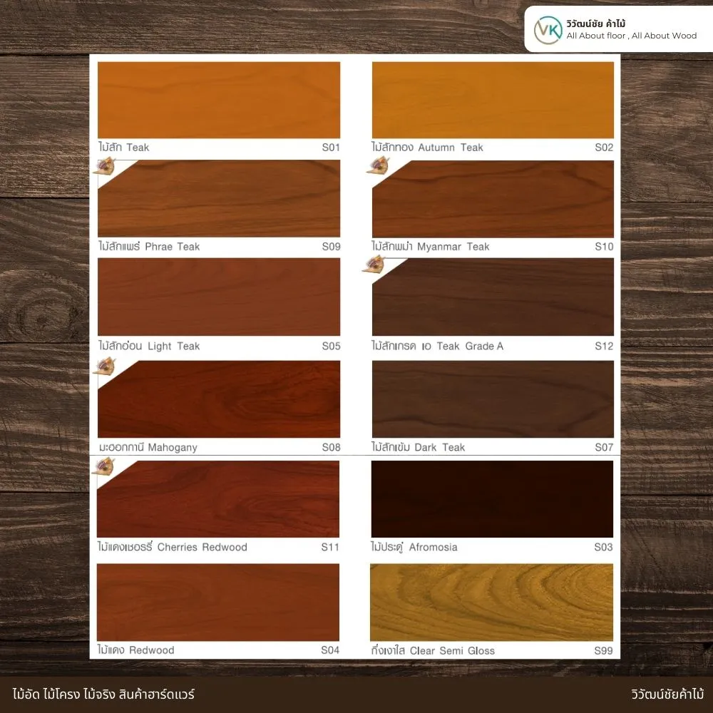 โทนสีสินค้าTOA WoodStain กึ่งเงา แสดงเฉดสีย้อมไม้สำหรับงานไม้ภายนอกและภายใน