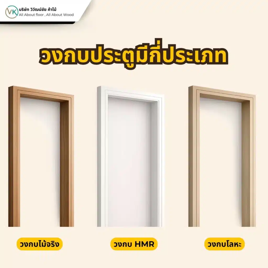 ประเภทของวงกบประตู แสดงตัวอย่างวงกบไม้จริง วงกบ HMR และวงกบเหล็ก ที่ใช้กับประตูไม้ในงานก่อสร้างและตกแต่งภายใน