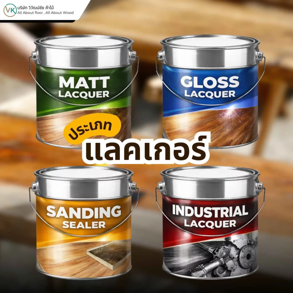 ภาพตัวอย่างประเภทของแลคเกอร์สำหรับงานไม้ ทั้งแบบเงาและด้าน ใช้เคลือบพื้นผิวเฟอร์นิเจอร์และไม้ตกแต่งภายใน