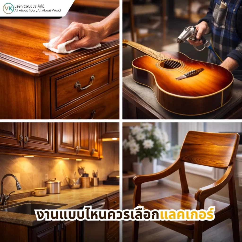 ภาพงานไม้เฟอร์นิเจอร์ภายในที่เคลือบแลคเกอร์ แสดงตัวอย่างงานแบบไหนควรเลือกแลคเกอร์เพื่อความเงางามและแห้งไว
