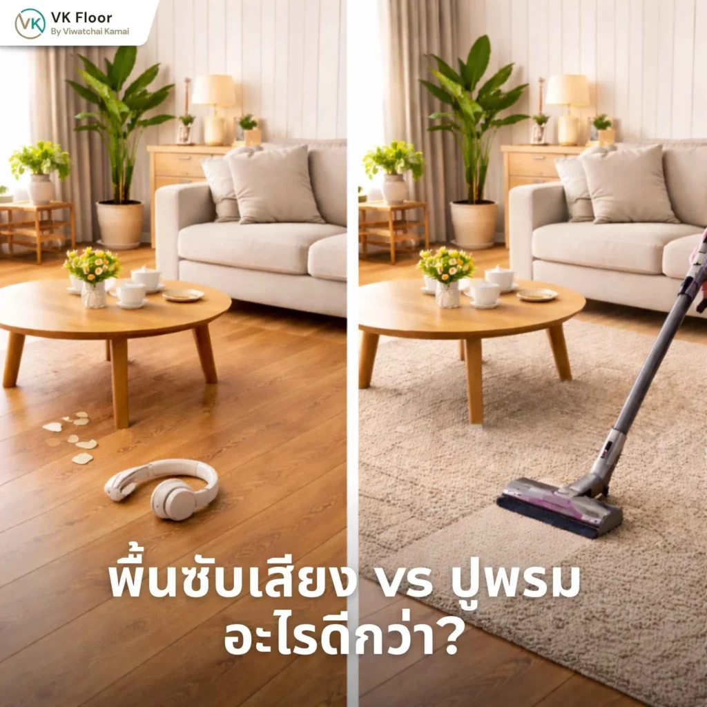 ภาพเปรียบเทียบพื้นประเภทไหนซับเสียงดีที่สุด เช่น พื้นไม้ลามิเนต พื้น SPC และพื้นไม้เอ็นจิเนียร์ที่มีชั้นรองซับเสียง