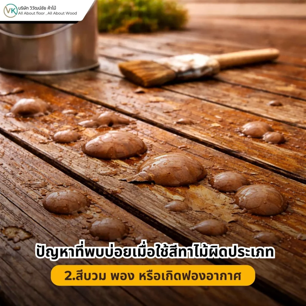 ปัญหาที่พบบ่อยเมื่อใช้สีทาไม้ผิดประเภท สีบวม พอง หรือเกิดฟองอากาศบนพื้นผิวไม้