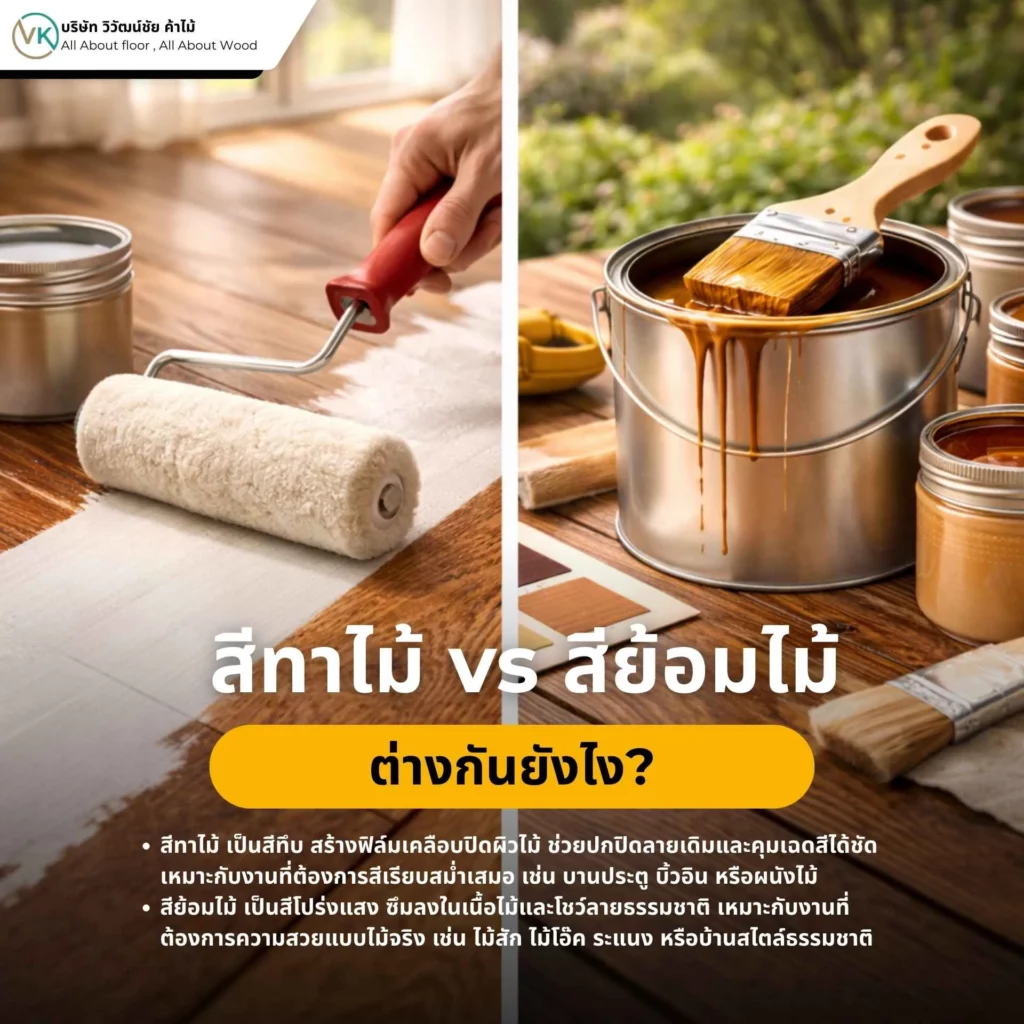 ภาพเปรียบเทียบ สีทาไม้ vs สีย้อมไม้ ต่างกันยังไง? แสดงความแตกต่างของการปกปิดผิวไม้และการโชว์ลายไม้