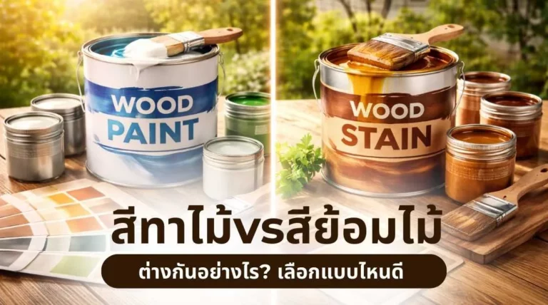 ภาพเปรียบเทียบสีทาไม้ และสีย้อมไม้ ต่างกันอย่างไร พร้อมตัวอย่างพื้นผิวไม้ที่ปกปิดลายและโชว์ลายธรรมชาติ