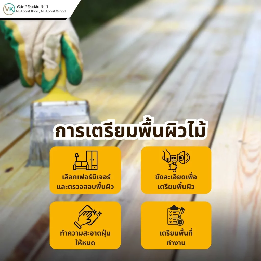 ภาพขั้นตอนการขัดและทำความสะอาดก่อนทาสี แสดงกระบวนการการเตรียมพื้นผิวไม้ให้เรียบและพร้อมเคลือบ